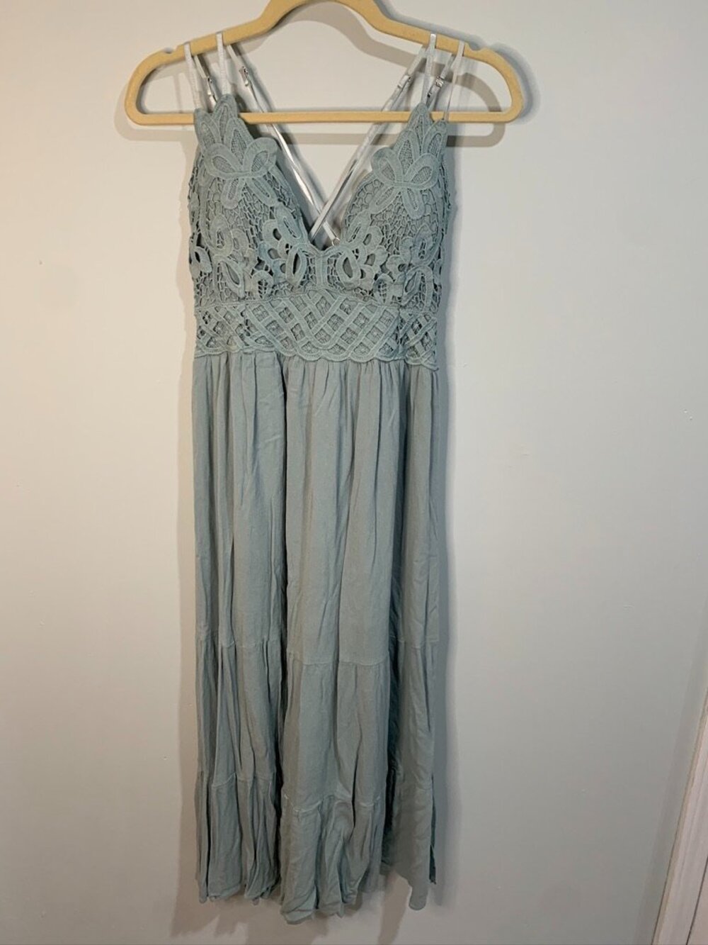 Blue B Lace Boho Maxi Dress Sage Green Strappy Back Crochet Top Size L